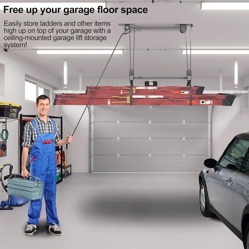 TRUSOON Ladder Storage, Larger Pulley Ladder Hoist, Self Locking Function Ladder Hanger, Garage Ceiling Mount Lift System for Kayak, Cargo Box, Canoe, Bike,Fit 10-14 Foot Ceilings, Hold 150 lbs - Image 3